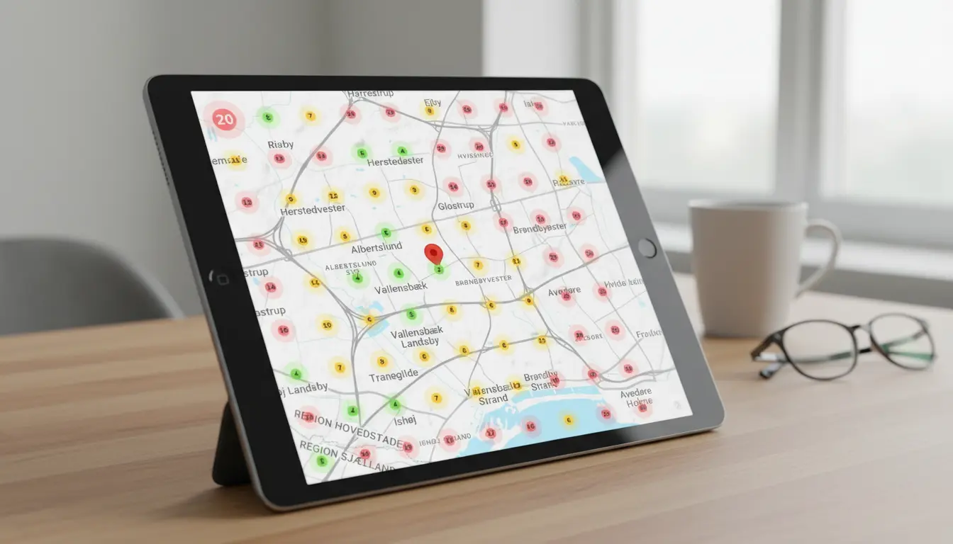 Ipad viser et GeoGrid Visning af synlighed i Google Maps.
