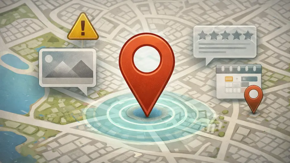 Illustration af en Google Business Profile der mangler billeder anmeldelser og aktivitet og derfor ikke er korrekt optimeret til synlighed i Google Maps.