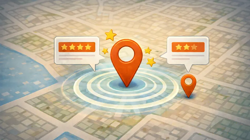 Illustration af hvordan anmeldelser påvirker synlighed i Google Maps med to virksomhedspins hvor den ene ligger i synlighedszonen og har stærkere anmeldelser end den anden.