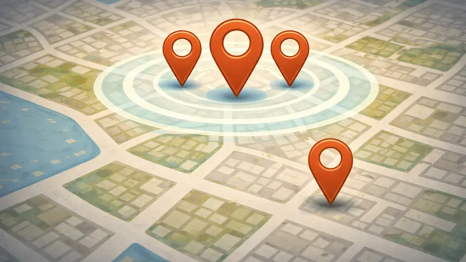 Hvorfor vises din virksomhed ikke i top 3 i Google Maps Illustration af tre fremhævede virksomheder i top 3 i Google Maps og en fjerde virksomhed udenfor den primære synlighedszone.