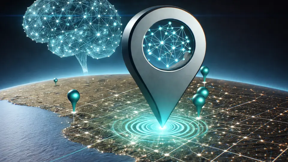 Illustration af AI og lokal synlighed i Google Business Profile med digitalt netværk og geografisk placering