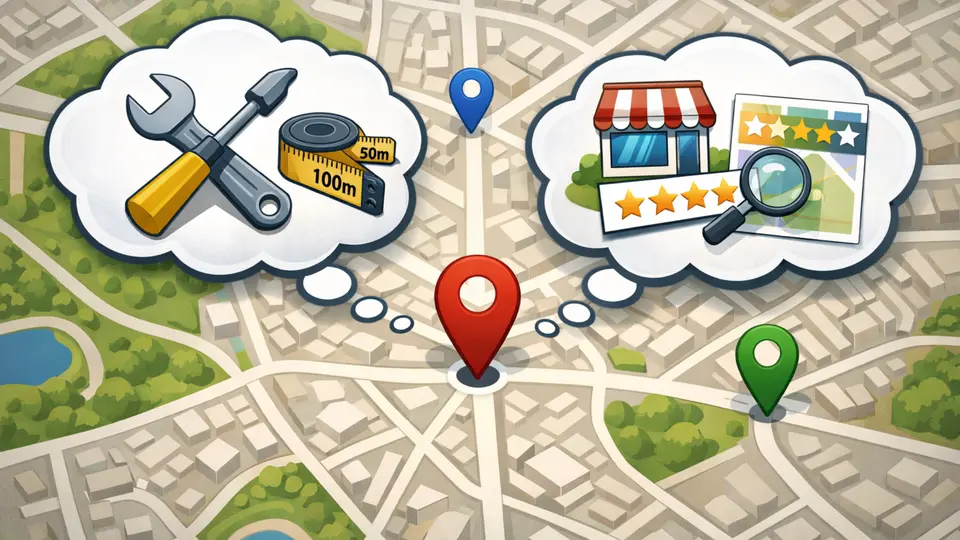 Illustration af hvordan Google vurderer lokal relevans ud fra afstand, relevans og troværdighed i Google Business Profile