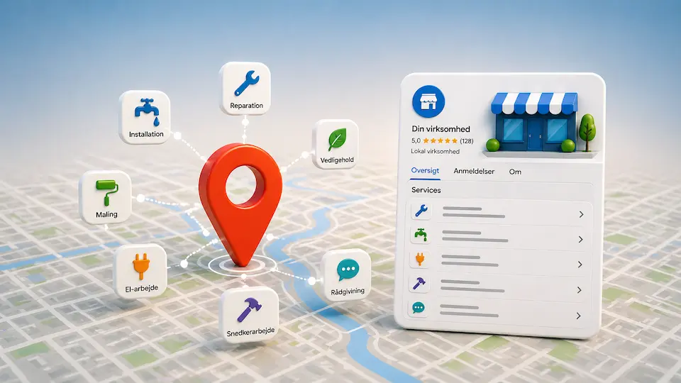 Illustration af Google Business Profile med services omkring et kort-pin, der viser hvordan services hjælper Google med at forstå virksomhedens relevans i Google Maps.