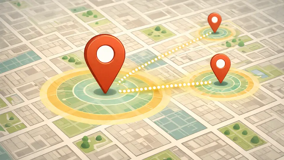 Illustration med central Google Maps pin forbundet til flere sekundære pins der viser hvordan lokationssider understøtter lokal synlighed i flere områder.