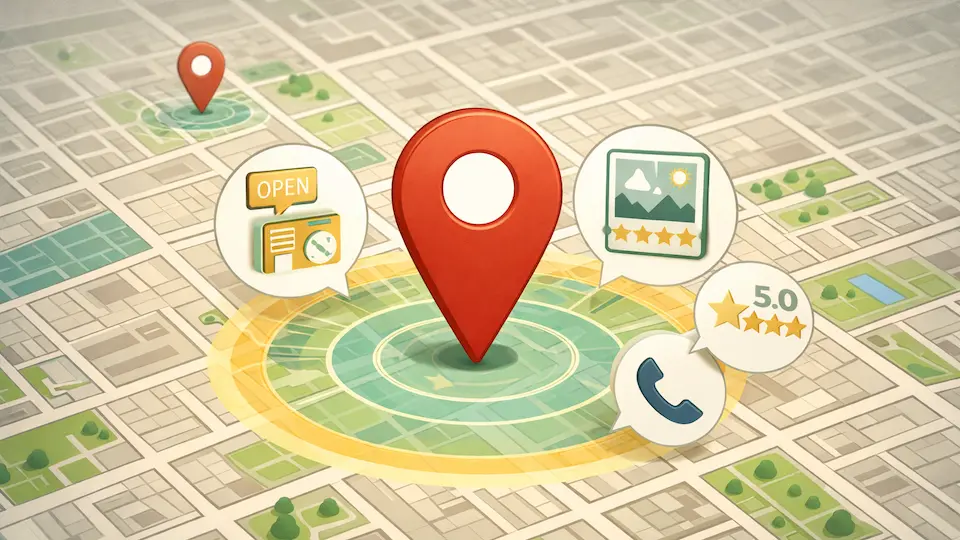 Hvad er en Google Business Profile – og hvorfor er den vigtig? Illustration af en Google Business Profile vist som en central rød Google Maps pin omgivet af signaler som billeder anmeldelser åbningstid og kontaktoplysninger.