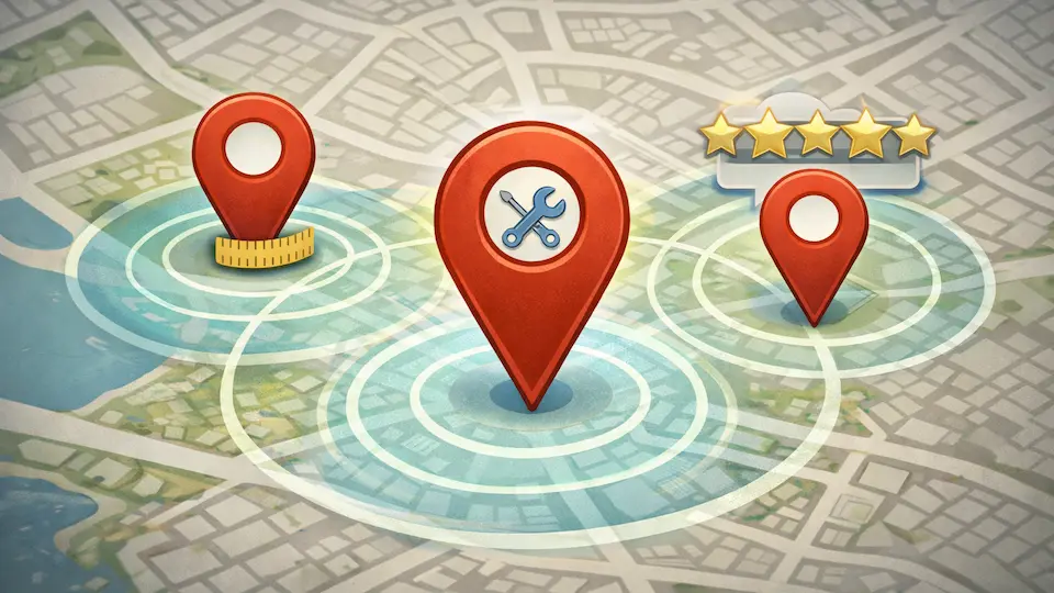 Illustration af hvordan Google vurderer virksomheder i Google Maps ud fra afstand relevans og anmeldelser som troværdighedssignal.