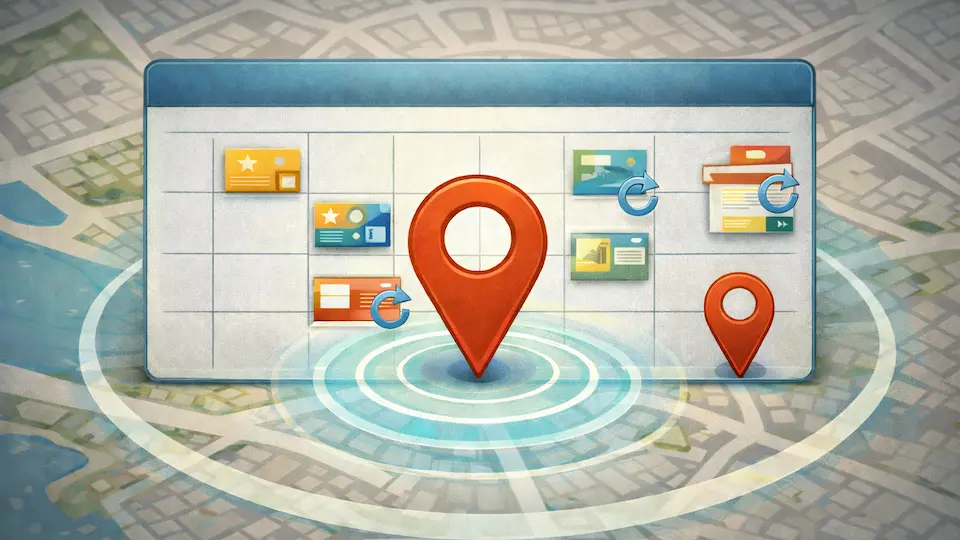 Illustration af løbende aktivitet og opdateringer i Google Business Profile vist med kalenderfelter og central Google Maps pin.