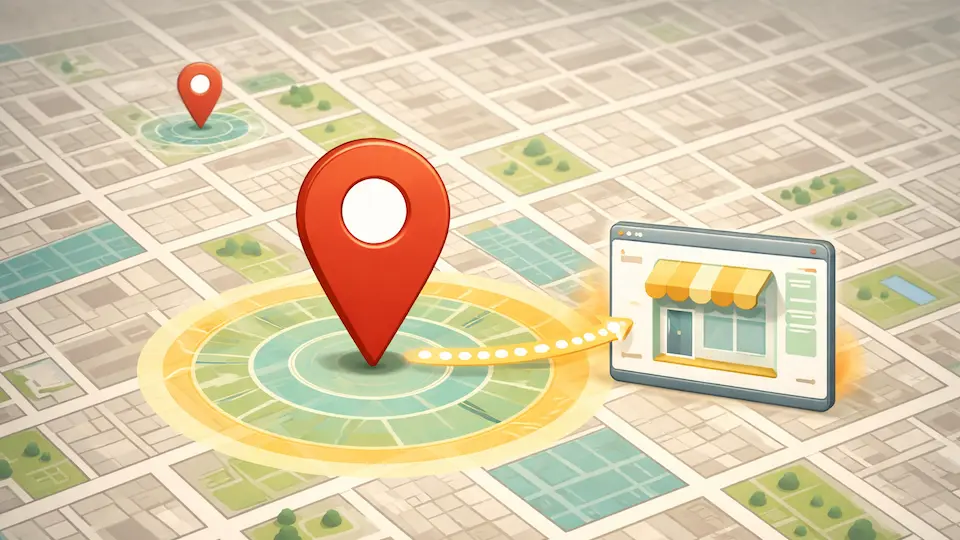 Illustration der viser forbindelse mellem en hjemmeside og en Google Business Profile med en central Google Maps pin og halo omkring virksomhedens placering.